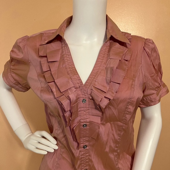 Express Tops - Express Metallic Rose Gold Ruffled V Neck Collar Button Down Blouse